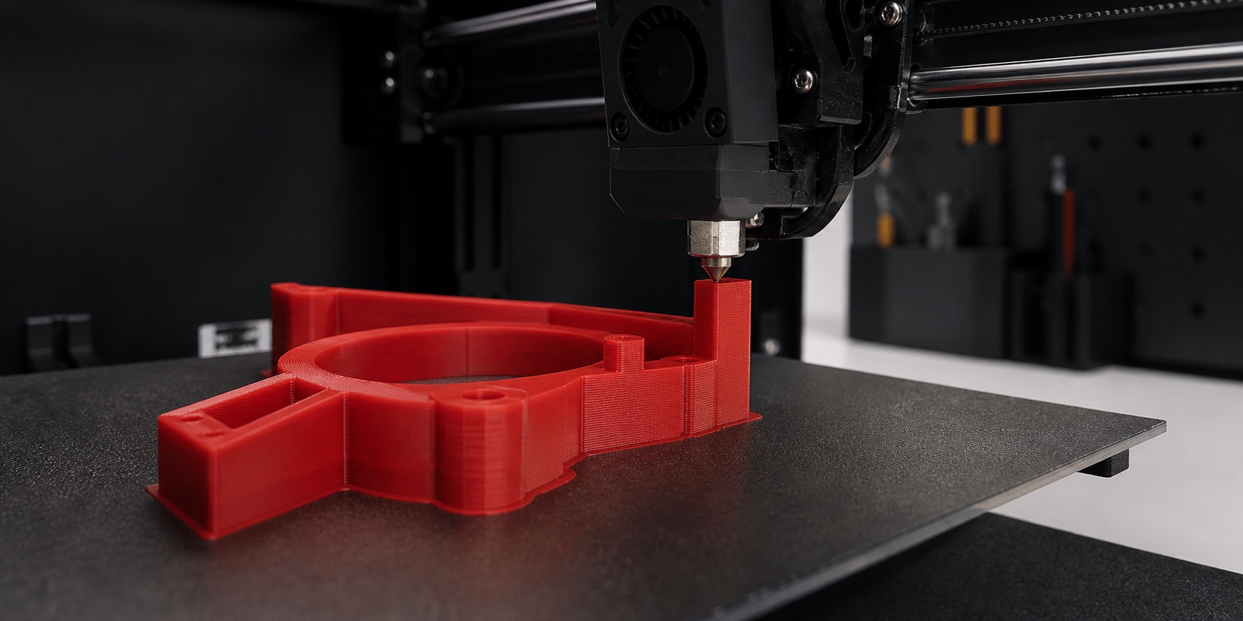 3D-Drucker fertigt ein rotes funktionales Bauteil Schicht für Schicht